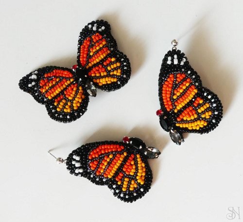 Šité handmade náušnice motýle monarch — foto 2