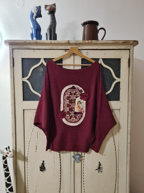 Bordový boho svetr, uni S/M/L — foto 2