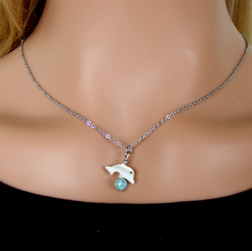 LARIMAR*DELFÍNEK PERLEŤ*ocelový náhrdelník — foto 4