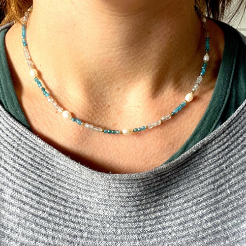 Luxusní náhrdelník labradorit, apatit, perla E021 — foto 2