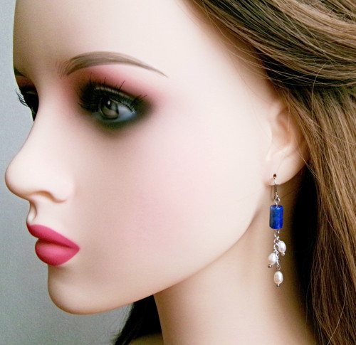Lapis lazuli s perlami - náušnice — foto 3