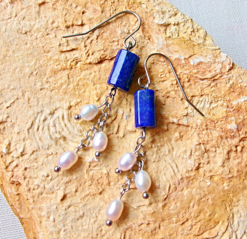 Lapis lazuli s perlami - náušnice — foto 2