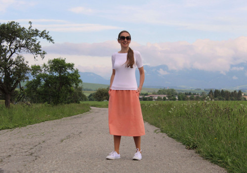 Ľanová sukňa broskyňová S-M — foto 2