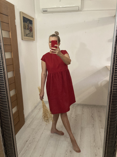 Ľanové Šaty s Vreckami /DARK RED/ — foto 2