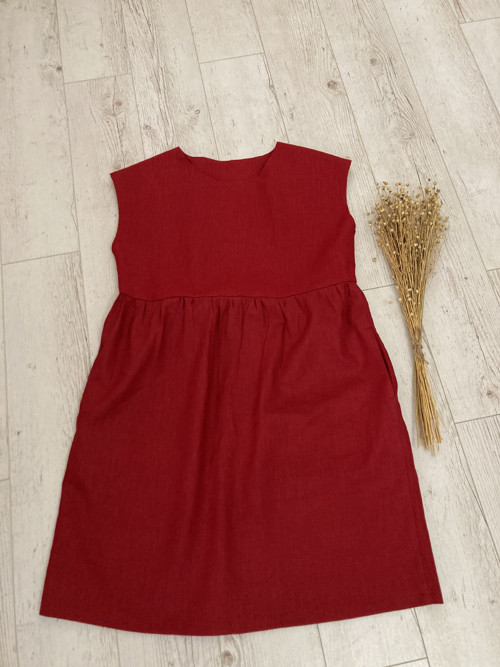 Ľanové Šaty s Vreckami /DARK RED/ — foto 4