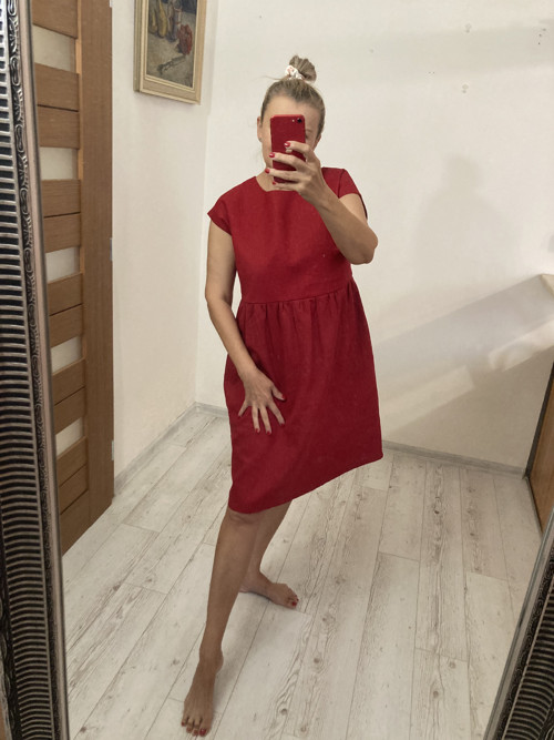 Ľanové Šaty s Vreckami /DARK RED/ — foto 3