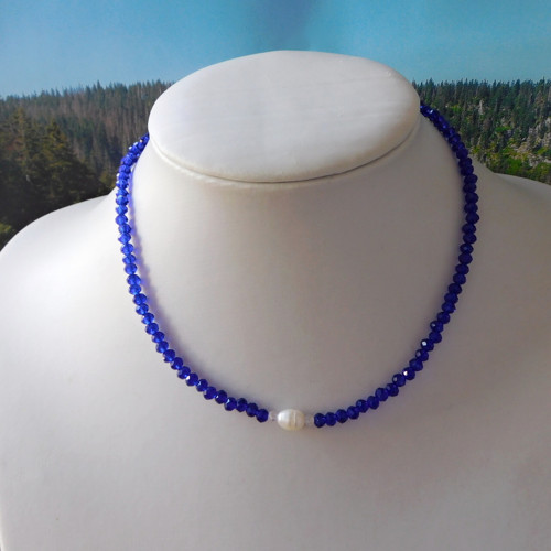 Náhrdelník - modrý spinel,bílá perla , nerez — foto 2