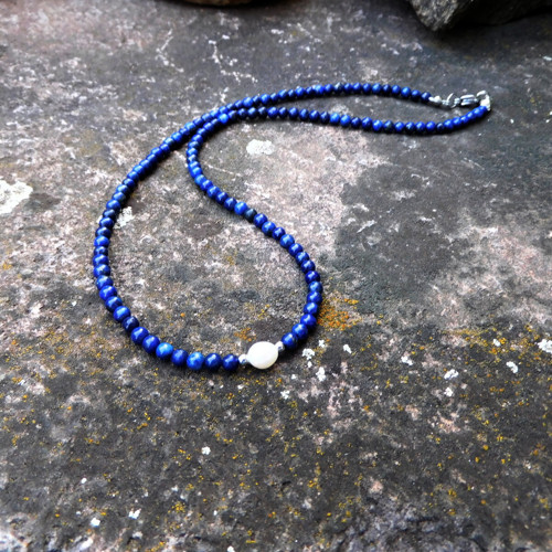 Náhrdelník - lapis lazuli, perla, nerez — foto 6