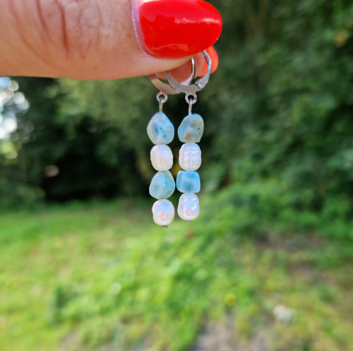 Ocelové náušnice*říční perly*larimar — foto 4