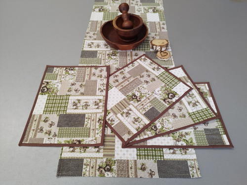KOMPLET 4x prostírání 1x šerpa HNĚDÝ PATCHWORK — foto 5