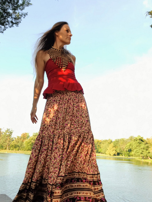 Maxi Boho Sukně S Bordurou Běžová — foto 5