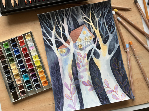 Originál ilustrácia Domček v korunách — foto 2
