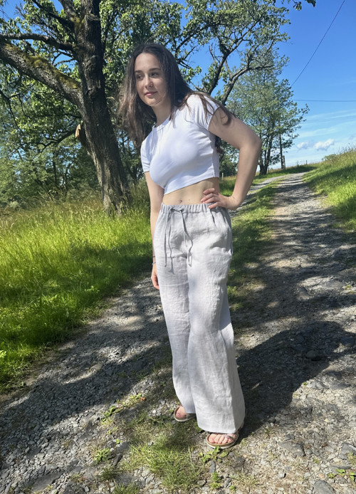 Lněné kalhoty světle šedé — foto 5
