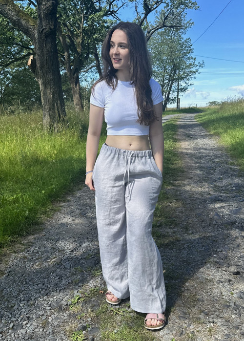 Lněné kalhoty světle šedé — foto 2