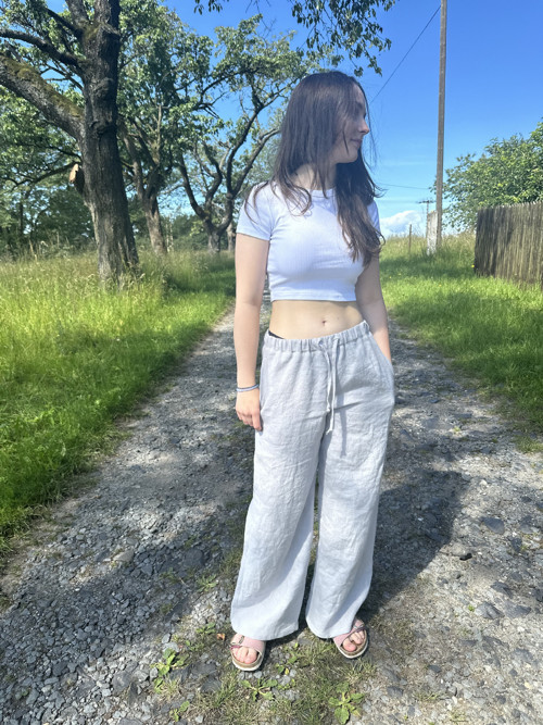 Lněné kalhoty světle šedé — foto 3