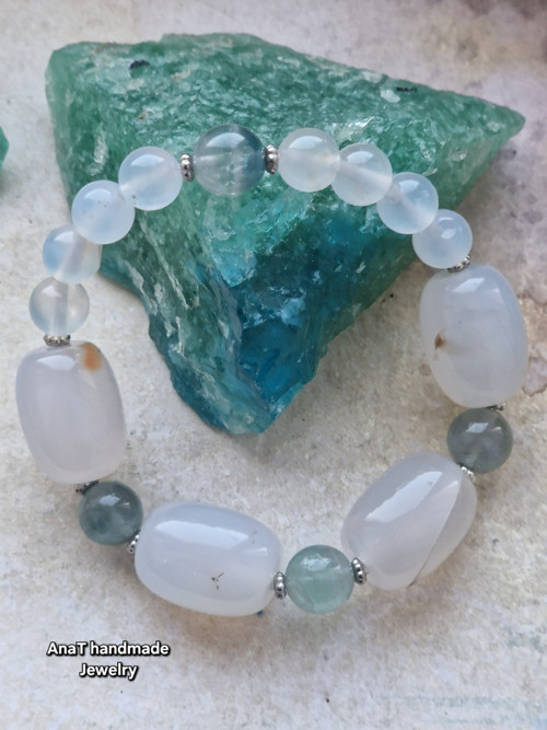 Náramek fluorit bílý chalcedon achát — foto 5
