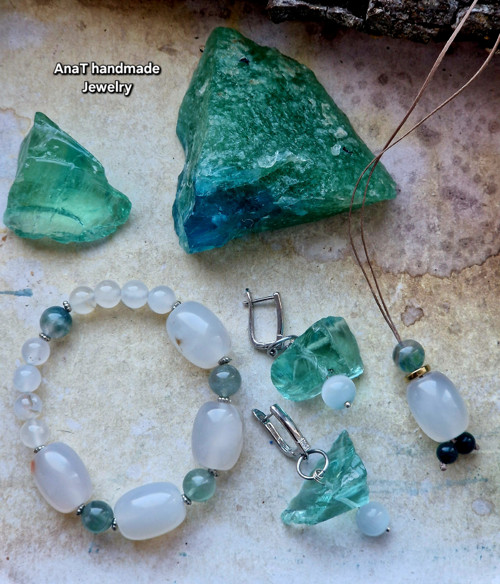 Náramek fluorit bílý chalcedon achát — foto 6