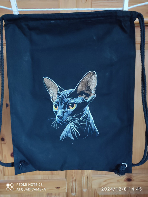 Vyšívaný plátěný vak - kočka sphynx — foto 3