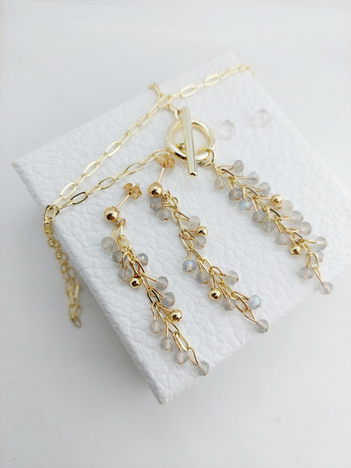 "ELA" Visací náušnice GOLD FILLED labradorit — foto 6
