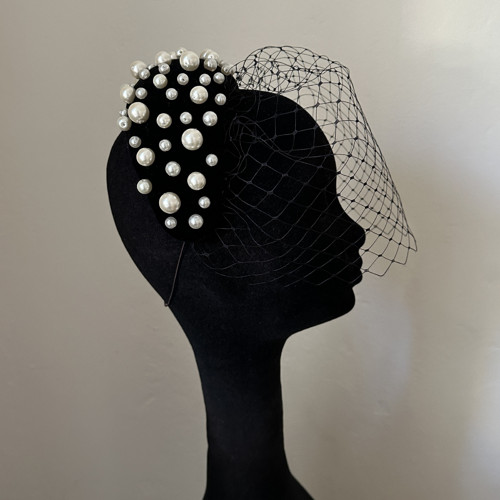 Fascinátor Headband Černý Samet Perly Závoj — foto 4