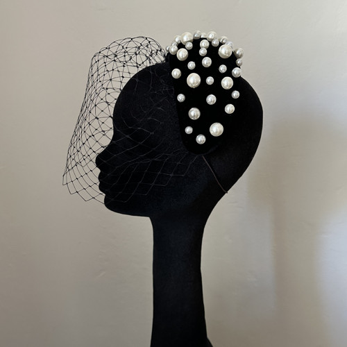 Fascinátor Headband Černý Samet Perly Závoj — foto 2