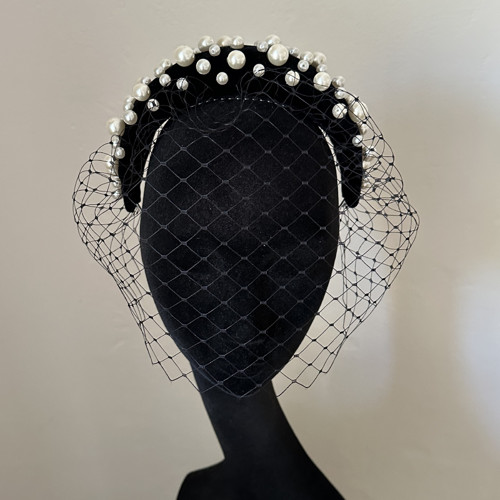 Fascinátor Headband Černý Samet Perly Závoj — foto 6