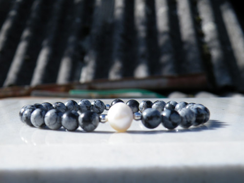 Náramek 6mm obsidián / říční perla — foto 2