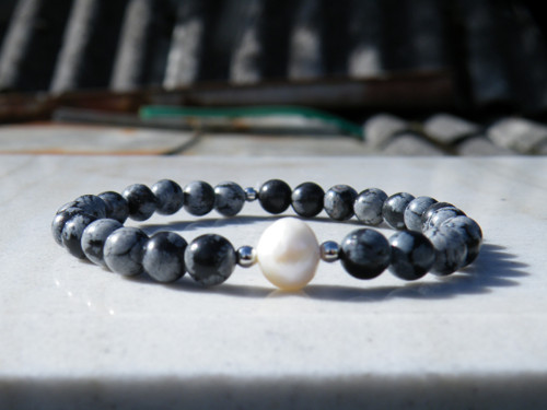 Náramek 6mm obsidián / říční perla — foto 3