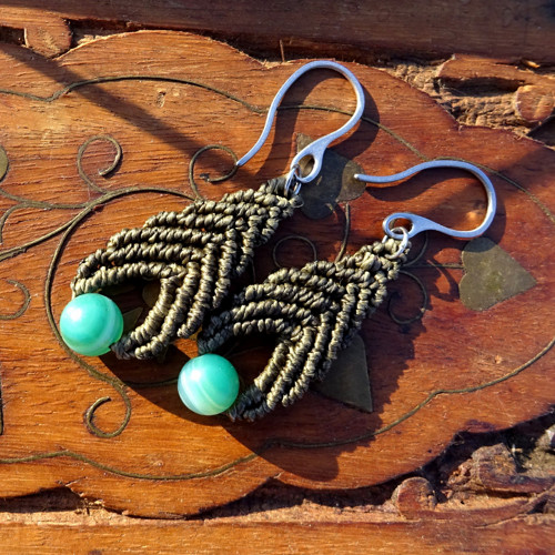 Náušnice Macramé - Achát v hnědozelené — foto 3