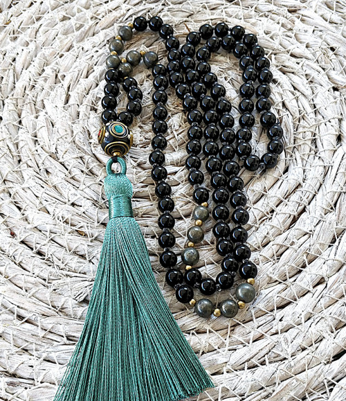 Japa mala náhrdelník/ onyx, pyrit / — foto 3