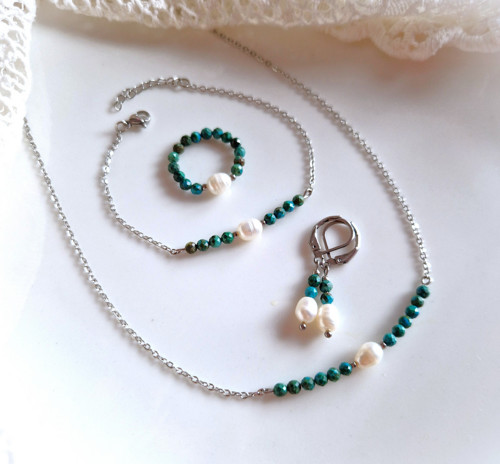 Perla*malacolla*malachit+chrysokol*náhrdelník*ocel — foto 4