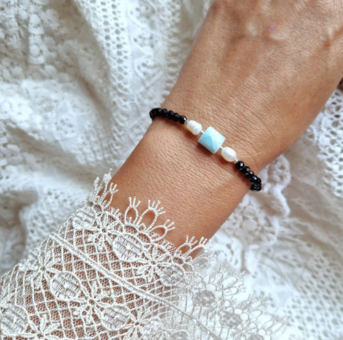 Larimar*perly*broušený spinel*náramek — foto 2