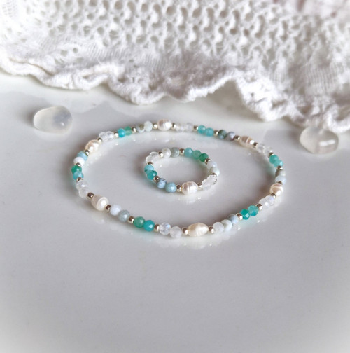 Perly*měsíční kámen*larimar*amazonit*náramek — foto 5