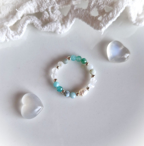 Perla*měsíční kámen*larimar*amazonit*prsten — foto 4
