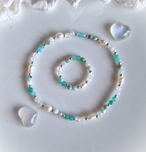 Perla*měsíční kámen*larimar*amazonit*prsten — foto 6