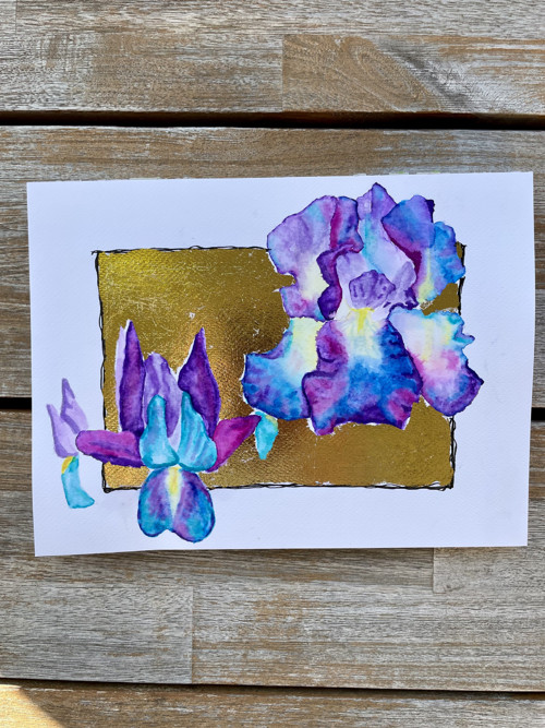 "Iris" akvarelová malba se zlatem — foto 3