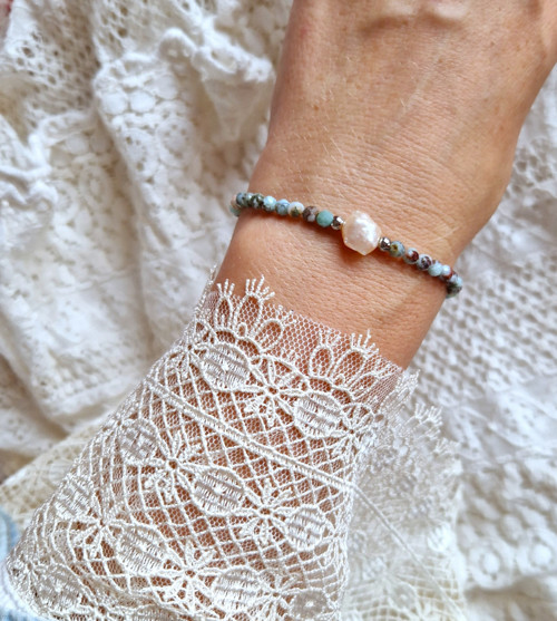 Larimar*broušený*keshi perla*náramek — foto 3