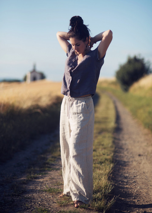 Lněné kalhoty široké režné — foto 3