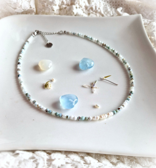 Larimar*perly*broušený*0,3 cm*náhrdelník*ocel — foto 3