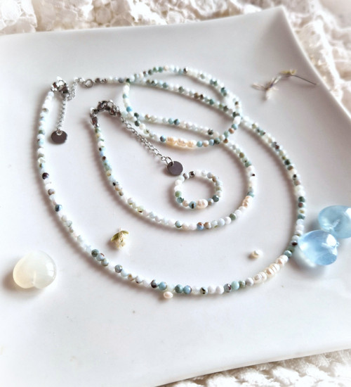 Larimar*perly*broušený*0,3 cm*náhrdelník*ocel — foto 5