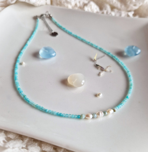Larimar*perly*amazonit*minialist náhrdelník*ocel — foto 6