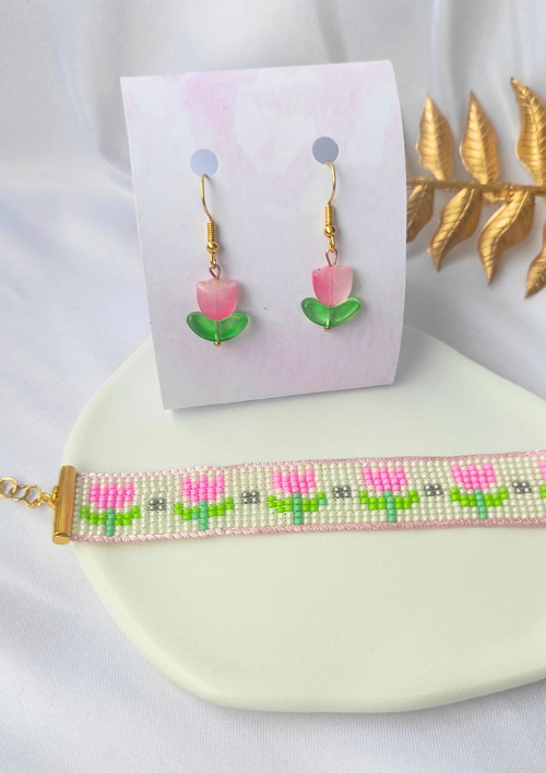 Set náramek šitý + náušnice - Pink Tulips — foto 2