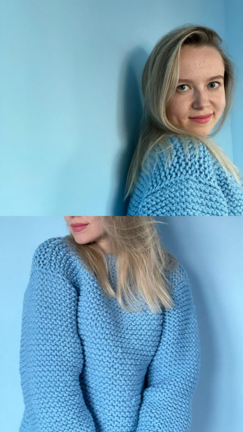 Modrý ručně pletený teplý oversize svetr — foto 3