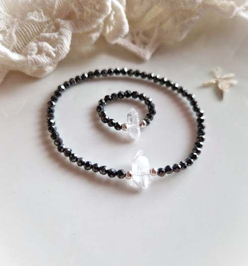 Diamant Herkimer*přírodní hematit*Ag*prsten — foto 6