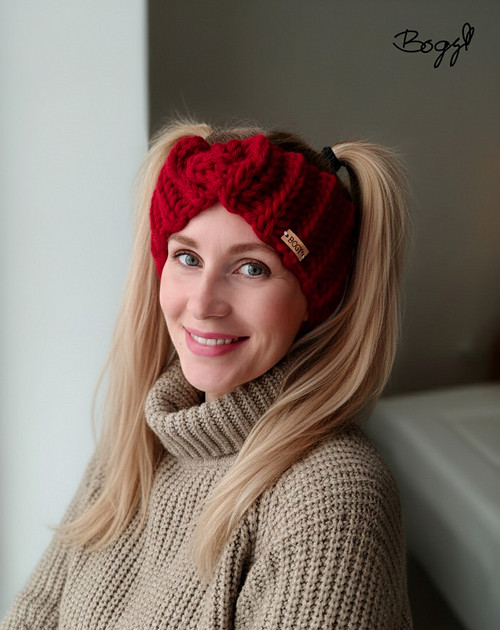 Teplá háčkovaná čelenka překřížená red 18, 53-55cm — foto 6