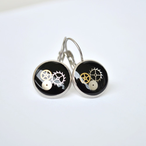 Černé visací náušnice,steampunk, 12mm, nerez — foto 2