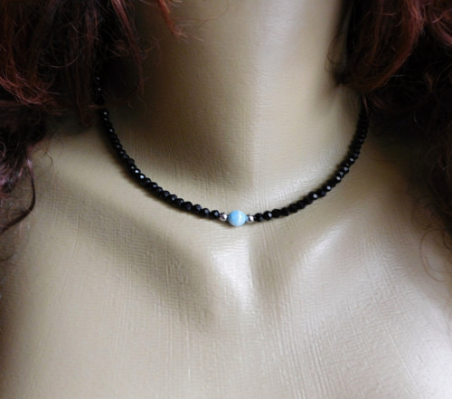 Náhrdelník - černý spinel,larimar, nerez — foto 4