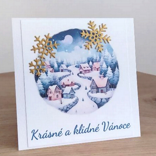 Přáníčko Vesnička v modrém - 10x10cm — foto 4