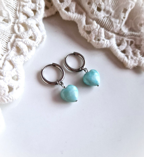 Náušnice*srdíčka*larimar*1 cm*2v1*ocel — foto 3
