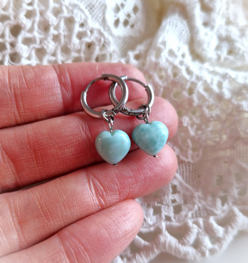Náušnice*srdíčka*larimar*1 cm*2v1*ocel — foto 2